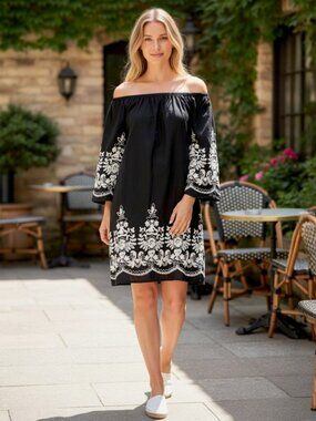 Studio West Apparel Black Embroidered OTS 3/4 Sleeve Shift Dress Size L EUC